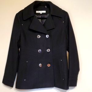 Kenneth Cole New York Black Pea Coat w/ Chrome Buttons and Waist Slimming Detail